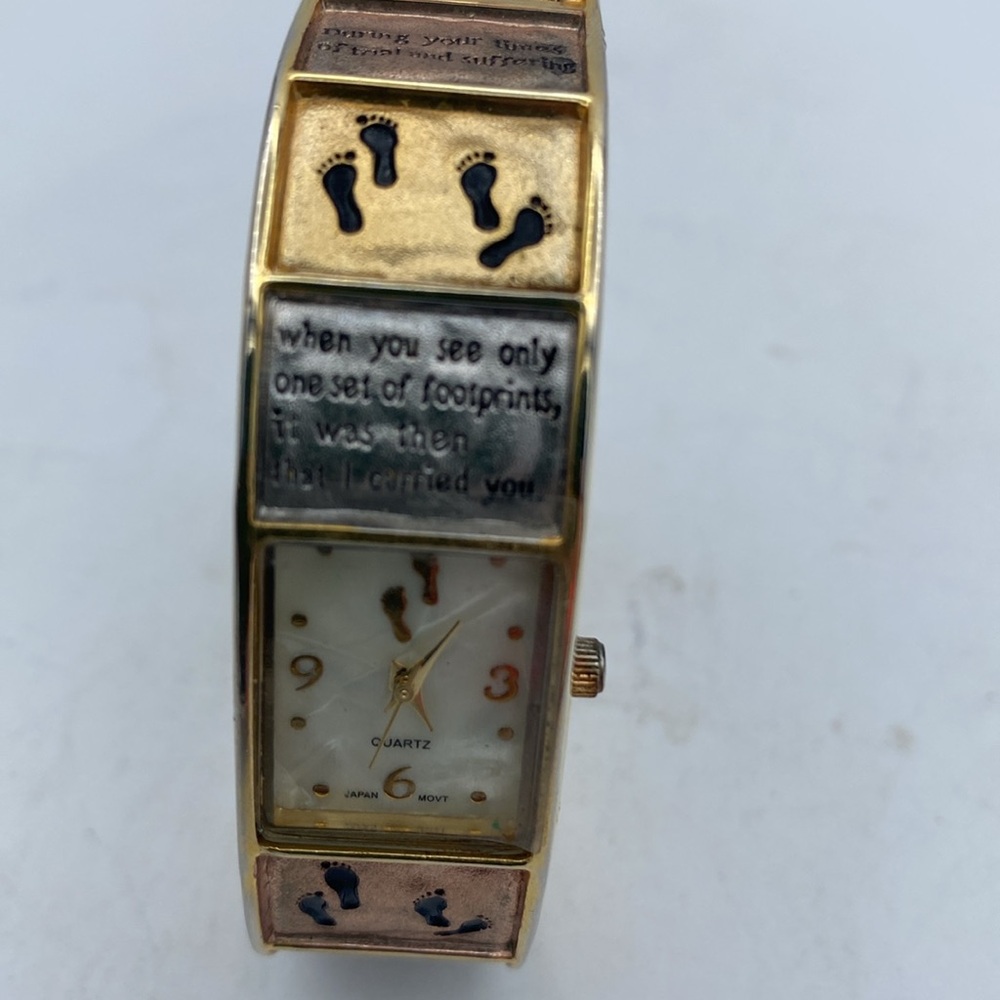 Women’s Quartz goldtone Footsteps phrase  spiritual cuff watch needs battery